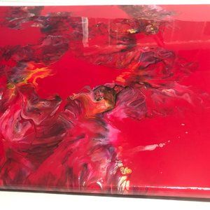 Acrylic pour vibrant red piece finished with resin.